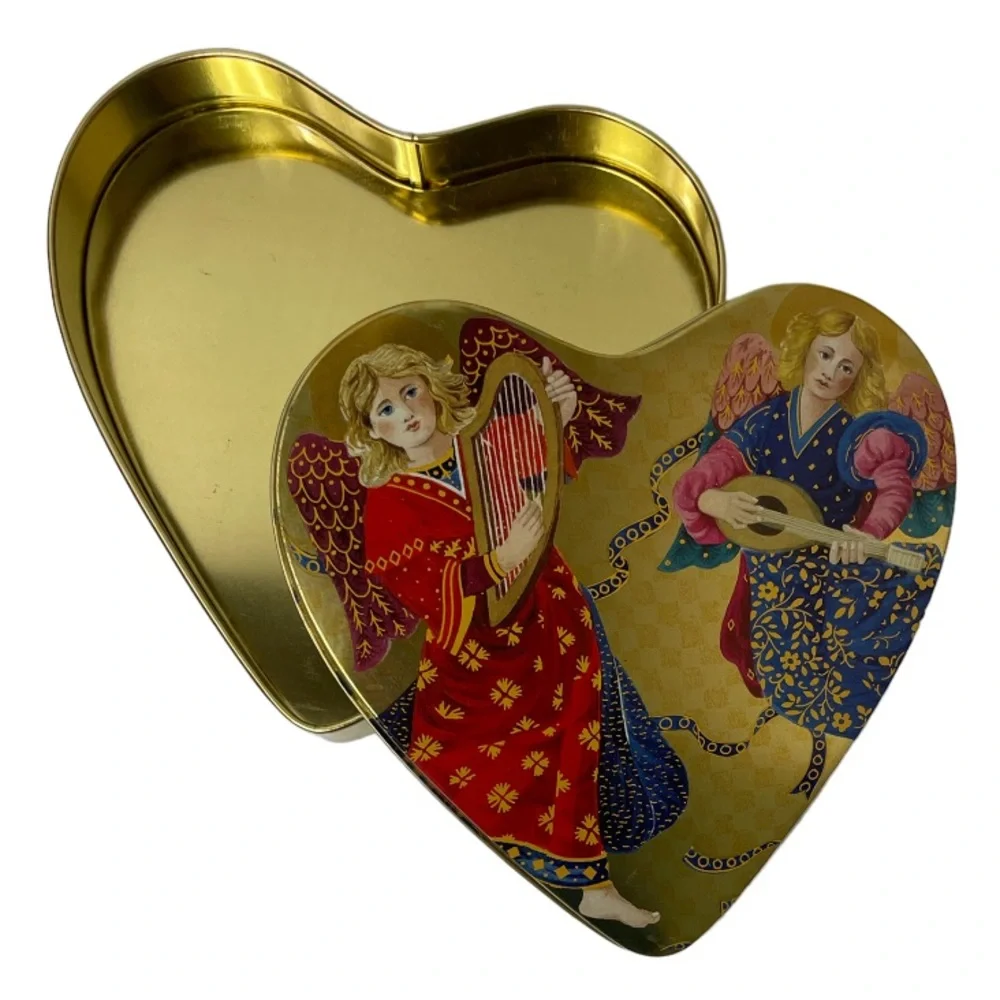 Vintage Tins Victorian Lovers Keepsake Box Heart Angel Cupid Cherub Harp Gold